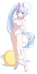 1girl absurdres ball bare_arms bare_shoulders barefoot beachball bikini blue_archive blue_hair breasts chise_(blue_archive) cleavage closed_mouth full_body hair_ribbon halo halterneck highres horns long_hair looking_at_viewer medium_breasts navel oni_horns pn_(wnsl216) red_eyes ribbon side_ponytail simple_background solo standing stomach string_bikini swimsuit thighs very_long_hair white_background white_bikini 