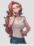  1girl alternate_hairstyle android_21 blue_eyes blue_pants bracelet closed_mouth dragon_ball dragon_ball_fighterz earrings glasses grey_shirt hand_on_hip hoop_earrings jewelry kemachiku long_hair looking_at_viewer pants red_hair red_ribbon_army shirt short_sleeves solo t-shirt 