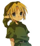  1boy bangs belt blonde_hair blue_eyes child eyebrows_hidden_by_hair green_headwear green_shirt hat link male_child male_focus pointy_ears shirt short_hair solo the_legend_of_zelda the_legend_of_zelda:_ocarina_of_time tokuura young_link 