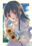  1girl blue_sky brown_eyes brown_hair clannad cloud commentary_request dress flower happy_birthday highres holding holding_flower ibuki_fuuko long_hair looking_at_viewer low-tied_long_hair pink_dress satomi_yoshitaka see-through see-through_shirt sky smile solo sunflower upper_body 