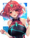  1girl bangs black_swimsuit breasts chest_jewel competition_swimsuit covered_collarbone gem headpiece highres large_breasts misosio_uma one-piece_swimsuit pyra_(pro_swimmer)_(xenoblade) pyra_(xenoblade) red_eyes red_hair red_swimsuit ribbed_swimsuit short_hair solo strapless strapless_swimsuit striped striped_swimsuit swept_bangs swimsuit tiara two-tone_swimsuit vertical-striped_swimsuit vertical_stripes xenoblade_chronicles_(series) xenoblade_chronicles_2 