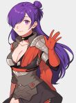  1girl armor asymmetrical_clothes black_choker black_dress breasts cape choker cleavage collarbone commentary_request dress fire_emblem fire_emblem:_three_houses fire_emblem_warriors:_three_hopes floating_hair gloves grey_background hair_bun hair_over_one_eye highres long_hair looking_at_viewer medium_breasts one_eye_covered orange_cape orange_gloves peach11_01 purple_eyes purple_hair shez_(fire_emblem) shez_(fire_emblem)_(female) shoulder_armor simple_background single_hair_bun smile solo twitter_username 