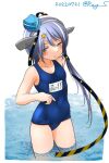  1girl aqua_headwear black_ribbon blue_swimsuit breasts commentary_request covered_navel garrison_cap grey_eyes grey_hair hair_ornament hair_ribbon hat kantai_collection long_hair looking_at_viewer namesake old_school_swimsuit one-hour_drawing_challenge ray.s ribbon scamp_(kancolle) school_swimsuit side_ponytail small_breasts soaking_feet solo star_(symbol) star_hair_ornament swimsuit water 