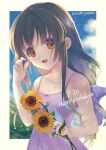  1girl blue_sky brown_eyes brown_hair clannad cloud commentary_request dress flower happy_birthday highres holding holding_flower ibuki_fuuko long_hair looking_at_viewer low-tied_long_hair pink_dress satomi_yoshitaka sky smile solo sunflower upper_body 