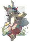  1other :3 :d androgynous animal_ears artist_name bangs barefoot blunt_bangs fake_horns from_below full_body furry green_eyes helmet highres horizontal_pupils horned_helmet horns kurono_233 looking_at_viewer looking_down made_in_abyss nanachi_(made_in_abyss) navel open_mouth outstretched_arms plant pouch puffy_shorts rabbit_ears short_hair_with_long_locks shorts signature smile solo spread_arms standing standing_on_one_leg whiskers white_background white_hair 