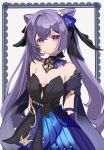  1girl bangs bare_shoulders collarbone cone_hair_bun double_bun genshin_impact hair_between_eyes hair_bun hair_ornament hair_ribbon highres keqing_(genshin_impact) keqing_(opulent_splendor)_(genshin_impact) long_hair looking_at_viewer official_alternate_costume purple_eyes purple_hair ribbon sidelocks solo xishuu_(user_dvah3828) 