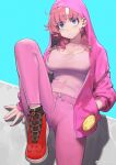  1girl absurdres blue_eyes breasts commentary hair_tie hand_in_pocket highres hood hoodie jun_(seojh1029) kirby kirby_(series) looking_at_viewer pants personification pink_hair pink_hoodie pink_pants red_footwear shirt shoes short_twintails simple_background sneakers solo star_(symbol) twintails weibo_logo weibo_username 