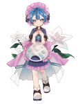  1boy apron bangs blue_capelet blue_corset blue_eyes blue_hair blunt_bangs bonnet capelet collared_capelet corset crossdressing flower frilled_apron frills full_body hands_up layered_skirt leg_up looking_at_viewer made_in_abyss male_focus maruruk otoko_no_ko outline pink_headwear qiuyeu sandals short_hair simple_background skirt smile socks solo standing steepled_fingers straight-on white_apron white_background white_flower white_outline white_skirt white_socks 