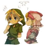 1boy 1girl belt blonde_hair blue_eyes blush bracelet child closed_eyes collaboration commentary dress female_child from_side green_headwear hetero jewelry juliet_sleeves kiss link long_sleeves male_child pointy_ears princess_zelda puffy_sleeves the_legend_of_zelda the_legend_of_zelda:_ocarina_of_time tokuura tree upper_body watermark young_link young_zelda 