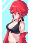  1girl absurdres animal_ears bangs bare_shoulders bikini bird_ears black_bikini blue_background breasts commentary english_commentary feathers hair_between_eyes harpy highres light_blush long_hair medium_breasts midriff monster_girl navel original red_(thus0) red_feathers red_hair red_wings sidelocks solo swimsuit thus0thus two-tone_background white_background winged_arms wings yellow_eyes 