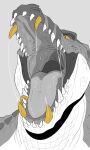 absurd_res anthro bodily_fluids bust_portrait crocodilian fangs front_view glistening glistening_eyes hi_res imperatorcaesar male mouth_shot open_mouth orange_teeth partially_colored portrait reptile saliva saliva_on_tongue saliva_string scalie sharp_teeth simple_background solo teeth 