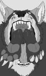  absurd_res ambiguous_gender anthro cheek_tuft chest_tuft claws dipstick_ears duo facial_tuft fangs greyscale hi_res imperatorcaesar inner_ear_fluff looking_at_viewer male monochrome mouth_shot multicolored_ears open_mouth oral_vore pawpads saliva_on_foot same_size_vore shoulder_tuft simple_background tuft vore 