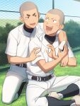  2boys arm_around_shoulder baseball_jersey baseball_uniform belt bush chain-link_fence day fence food highres holding holding_food indian_style looking_at_another looking_back male_focus multiple_boys onigiri open_mouth original outdoors shaved_head sitting smile sportswear sweatdrop tettabuzz thick_eyebrows v-shaped_eyebrows 