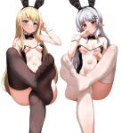  2girls 3: animal_ears arm_up ass bare_arms bare_shoulders black_leotard blonde_hair blue_eyes bow bowtie breasts brown_thighhighs closed_mouth commission convenient_leg detached_collar fake_animal_ears feet foreshortening hair_ornament hairband hairclip hand_up highres leg_up leotard long_hair looking_at_viewer medium_breasts multiple_girls navel no_shoes original pharamacom playboy_bunny pointy_ears rabbit_ears red_eyes second-party_source see-through simple_background sitting smile thighhighs toes white_background white_hair white_thighhighs wrist_cuffs 
