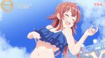  1girl ahoge air_guitar bangs bikini blue_bikini blue_sky breasts closed_eyes cloud collarbone commentary_request day frilled_bikini frills hair_between_eyes hands_up highres idolmaster idolmaster_shiny_colors idolmaster_starlit_season komiya_kaho light_blush long_hair medium_breasts motion_blur navel open_mouth outdoors red_hair sarura sky smile solo stage stomach swimsuit translation_request wet 