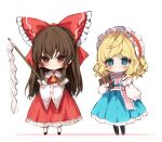  2girls alice_margatroid ascot bare_shoulders blonde_hair blue_dress blue_eyes blush book bow brown_eyes brown_hair closed_mouth detached_sleeves dress full_body gohei grimoire_of_alice hair_between_eyes hair_bow hair_tubes hairband hakurei_reimu holding holding_book japanese_clothes lolita_hairband long_hair long_sleeves multiple_girls nontraditional_miko piyokichi red_bow red_hairband red_skirt ribbon-trimmed_sleeves ribbon_trim short_hair sidelocks skirt smile touhou wide_sleeves yellow_ascot 