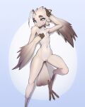  3_fingers anthro avian bird blue_eyes blush feathers female fingers flat_chested freckles genitals hi_res lyra_(w4g4) nude potoo pussy simple_background solo tail_feathers talons winged_arms wings yorzis 