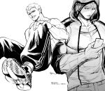  1boy absurdres baggy_pants bara biceps black_eyes cellphone denim hand_on_own_knee highres hood hooded_jacket jacket jeans kengan_(series) kengan_ashura kengan_omega kure_raian kyowo_sukkesuke large_pectorals looking_at_viewer male_focus manly mature_male monochrome muscular muscular_male pants pectorals phone shirt shoes short_hair signature simple_background sitting smirk snickers solo spiked_hair t-shirt tank_top teeth thick_arms tight veins veiny_arms white_background 