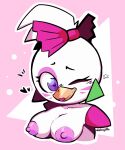  &lt;3 &lt;3_eyes a_stranger12 anthro areola avian beak beakstick big_breasts bird bow_(disambiguation) bow_accessory breasts chicken ear_piercing eyelashes facial_markings feathers female five_nights_at_freddy&#039;s five_nights_at_freddy&#039;s:_security_breach furgonomics galliform gallus_(genus) glamrock_chica_(fnaf) head_feathers head_markings head_tuft lipstick looking_at_viewer makeup markings nipples one_eye_closed phasianid piercing pink_areola pink_background pink_lipstick pink_nipples purple_bow purple_eyes scottgames shoulder_pads simple_background solo star tuft video_games white_background white_body white_feathers wink winking_at_viewer 