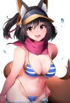  1girl :d absurdres animal_ears bikini black_hair blue_archive blue_bikini breasts fox_ears fox_girl fox_tail highres izuna_(blue_archive) long_hair looking_at_viewer medium_breasts open_mouth pink_scarf scarf sezok short_hair simple_background smile solo striped striped_bikini swimsuit tail visor_cap white_background yellow_eyes 
