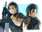  1boy 3wa_tari armor belt black_gloves black_hair blue_background blue_hair blue_shirt border buster_sword character_name dirty dirty_face earrings final_fantasy final_fantasy_vii final_fantasy_vii_remake gloves hair_slicked_back holding holding_sword holding_weapon jewelry male_focus medium_hair multiple_views scar scar_on_cheek scar_on_face shirt shoulder_armor sideburns single_earring sleeveless sleeveless_turtleneck suspenders sword turtleneck upper_body weapon zack_fair 