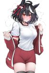  1girl absurdres ahoge animal_ears black_hair black_thighhighs breasts gym_uniform hair_ribbon heavy_breathing highres horse_ears horse_girl jacket kitasan_black_(umamusume) large_breasts looking_at_viewer multicolored_hair orange_eyes red_jacket red_ribbon red_shorts ribbon ryuryu_mt short_sleeves shorts simple_background streaked_hair sweat thighhighs thighs track_jacket umamusume undressing white_background white_hair 