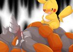  biped blush bodily_fluids duo egg fangs female feral grey_body hi_res holding_object male nintendo on_top orange_body pikachu pok&eacute;mon pok&eacute;mon_(species) red_eyes rhyperior simple_background sweat type video_games yellow_body 