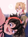  2boys :d ? arm_up bangs black_hair blonde_hair blush clothing_cutout couch earrings food-themed_earrings ginmu headband holding holding_paper jewelry jojo_no_kimyou_na_bouken leaning_to_the_side long_hair looking_to_the_side male_focus messy_hair multiple_boys narancia_ghirga necktie on_couch open_mouth pannacotta_fugo paper paper_stack purple_eyes selfie sitting smile sparkle spoken_question_mark strawberry_earrings tank_top vento_aureo 
