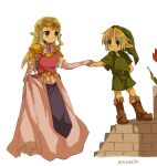  1boy 1girl belt blonde_hair blue_eyes blush bracelet child closed_eyes collaboration commentary dress from_side green_headwear hetero jewelry juliet_sleeves kiss link long_sleeves male_child pointy_ears princess_zelda puffy_sleeves the_legend_of_zelda the_legend_of_zelda:_ocarina_of_time tokuura tree upper_body watermark young_link young_zelda 