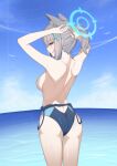  1girl absurdres animal_ear_fluff animal_ears arms_up ass back_cutout bird blue_archive blue_eyes blue_sky blue_swimsuit blush breasts clothes_pull clothing_cutout competition_swimsuit contrail cross_hair_ornament day from_behind grey_hair hair_ornament halo hasarang highres horizon long_hair looking_at_viewer looking_back medium_breasts mouth_hold ocean one-piece_swimsuit outdoors ponytail shiroko_(blue_archive) short_ponytail sideboob sky solo swimsuit swimsuit_pull thigh_gap topless tying_hair water wolf_ears 