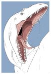  ambiguous_gender blue_background bodily_fluids dinosaur dripping feral imperatorcaesar mouth_shot open_mouth partially_colored pink_tongue reptile saliva saliva_drip scalie sharp_teeth simple_background solo teeth tongue 