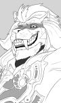  absurd_res anthro beard big_fangs bust_portrait clothing eyebrows facial_hair felid greyscale grin hair half-closed_eyes hi_res imperatorcaesar inner_ear_fluff lion looking_at_viewer male mammal monochrome narrowed_eyes pantherine portrait simple_background smile solo topwear tuft 