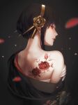  0123_mexal 1girl back_tattoo bangs bare_shoulders black_background black_hair black_kimono braid chest_sarashi earrings floral_print flower flower_tattoo from_behind glint hair_flower hair_ornament hairband hand_on_own_arm highres japanese_clothes jewelry kimono lipstick long_hair looking_at_viewer looking_back makeup motion_blur off_shoulder parted_lips petals profile red_eyes red_flower red_lips red_rose rose sarashi shoulder_blades sidelocks simple_background solo spikes spy_x_family tattoo updo upper_body yellow_flower yellow_rose yor_briar 