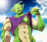  1boy abs anger_vein angry artist_name bara black_nails bobojobobo clothes_lift cloud colored_skin day dragon_ball green_skin large_pectorals lifted_by_self male_focus muscular muscular_male namekian navel open_mouth outdoors pectorals piccolo pointy_ears purple_shirt shirt shirt_lift sky solo upper_body 