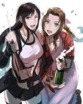  2girls aerith_gainsborough asymmetrical_bangs bangs bare_shoulders black_bra black_hair black_skirt black_thighhighs boots bottle bra braid braided_ponytail breasts brown_hair champagne_bottle choker collarbone crop_top cropped_jacket dress elbow_gloves elbow_pads final_fantasy final_fantasy_vii final_fantasy_vii_remake fingerless_gloves gloves green_eyes hair_between_eyes hair_ribbon highres holding holding_bottle jacket jjn_ff7 large_breasts long_dress long_hair looking_at_viewer low-tied_long_hair medium_breasts midriff multiple_girls one_eye_closed open_mouth parted_bangs pink_dress pink_ribbon pleated_skirt red_eyes red_jacket ribbon shirt short_sleeves sidelocks skirt sleeveless sleeveless_shirt smile sports_bra suspender_skirt suspenders thighhighs tifa_lockhart underwear upper_body white_background white_shirt 