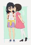  2girls backpack bag bangs black_hair blue_eyes blue_footwear bob_cut brown_footwear brown_hair closed_eyes closed_mouth dress expressionless hands_up hibike!_euphonium kamo_kamen kiss long_hair looking_at_viewer multiple_girls nakaseko_kaori pantyhose pink_dress pleated_dress purple_skirt red-framed_eyewear red_bag shirt shoes short_hair short_sleeves skirt standing tanaka_asuka white_pantyhose white_shirt younger yuri 