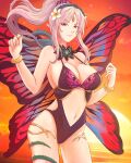 1girl absurdres animal_print bare_shoulders black_swimsuit bracelet breasts brown_eyes butterfly_print butterfly_wings cleavage cowboy_shot facial_mark fairy_wings fire_emblem fire_emblem_heroes forehead_mark grey_hair highres jewelry large_breasts leotard navel official_alternate_costume one-piece_swimsuit plant plumeria_(fire_emblem) ponytail smile solo sunset swimsuit thorns truejekart twilight vines wings 