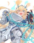  1girl armor bangs blonde_hair blush breastplate breasts chain fairy_knight_gawain_(fate) fairy_knight_gawain_(first_ascension)_(fate) fate/grand_order fate_(series) faulds gauntlets greaves green_eyes horns large_breasts long_hair looking_at_viewer open_mouth pauldrons shoulder_armor solo thighs vogel 