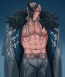  1boy abs absurdres bara bare_pectorals beard bulge chalseu closed_mouth coat english_commentary expressionless facial_hair feet_out_of_frame fur_trim genshin_impact half-closed_eyes half_mask highres large_pectorals long_hair looking_at_viewer male_focus mask mature_male muscular muscular_male navel nipples no_shirt open_clothes open_coat pectorals pierro_(genshin_impact) solo standing stomach white_hair 