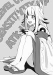  1girl :d bangs bare_shoulders barefoot blunt_bangs character_request controller detached_sleeves fang game_controller greyscale highres holding long_hair long_sleeves looking_ahead mato_seihei_no_slave monochrome open_mouth sandals sidelocks sitting smile solo songchuan_li sparkle teeth toes wide_sleeves 