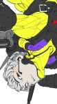  1girl absurdres apex_legends armor black_eyes bodysuit breastplate grey_hair head_tilt highres jetpack looking_to_the_side parted_lips portrait sketch solo upside-down valkyrie_(apex_legends) white_background yellow_bodysuit yoneyama_mai 