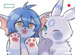  3_fingers amber_eyes ambiguous_gender battery_life black_nose blue_body blue_fur blue_hair blue_skin duo eeveelution feral fingers fur green_eyes grey_body grey_fur hair half-closed_eyes half-length_portrait kappanuki looking_at_viewer narrowed_eyes nintendo number pawpads paws pok&eacute;mon pok&eacute;mon_(species) portrait ruka_vaporeon tongue tongue_out umbreon vaporeon video_games video_recording white_body white_fur 