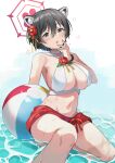  1girl animal_ears ball bikini black_hair blue_archive blue_eyes blush breasts commentary_request flower hair_flower hair_ornament halo highres hoshiko_(419401x) large_breasts looking_at_viewer navel open_mouth short_hair sitting solo summer swimsuit tsubaki_(blue_archive) water wet white_bikini 