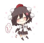  1girl ^_^ bangs black_hair black_skirt blush chibi closed_eyes closed_mouth collared_shirt commentary_request facing_viewer flower full_body hair_between_eyes hair_flower hair_ornament hat head_tilt mini_hat no_shoes pink_flower pleated_skirt puffy_short_sleeves puffy_sleeves red_headwear shameimaru_aya shirt short_sleeves simple_background skirt socks solo standing tokin_hat totoharu_(kujirai_minato) touhou translation_request wavy_mouth white_background white_shirt 