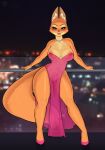  absurd_res anthro breasts canid canine clothed clothing diane_foxington dreamworks dress eyebrow_piercing facial_piercing female fox fur genitals green_eyes hi_res mammal nipples orange_body orange_fur piercing pussy shudayuda smile smiling_at_viewer solo the_bad_guys 