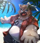  2022 anthro beach belly black_nose boar_stag144 bottomwear brown_body canid canine canis clothing cute_fangs detailed_background domestic_dog hi_res humanoid_hands kemono lifewonders male mammal overweight overweight_male scar seaside shirt shorts solo tokyo_afterschool_summoners topwear video_games water yasuyori 