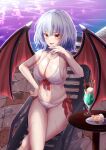  1girl bat_wings bikini blue_hair bow bow_bikini breasts cake collarbone fang food highres medium_breasts medium_hair milkshake mizunisabano navel no_headwear older pink_bikini pool red_bow red_eyes remilia_scarlet slit_pupils solo swimsuit touhou wet wings 