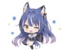  1girl animal_ear_fluff animal_ears bare_shoulders black_bow blue_footwear blue_gemstone blue_wristband blush blush_stickers bow bow_earrings breasts brown_eyes chibi cleavage cleavage_cutout clothing_cutout earrings fang film_grain fox_ears fox_girl fox_tail gem gradient gradient_clothes gradient_hair grey_background highres inu_(puputizy) jewelry long_hair multicolored_hair one_eye_closed open_mouth original purple_hair see-through simple_background sleeves_past_fingers sleeves_past_wrists solo sparkle star_(symbol) streaked_hair tail white_hair wristband 