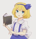  1girl alice_margatroid alice_margatroid_(pc-98) back_bow blonde_hair blue_bow blue_eyes blue_hairband blue_skirt book bow collared_shirt frilled_shirt frills grimoire_of_alice hair_bow hairband holding holding_book kani_no_sushi looking_at_viewer open_mouth puffy_short_sleeves puffy_sleeves shirt short_hair short_sleeves skirt solo suspender_skirt suspenders touhou touhou_(pc-98) upper_body waist_bow white_bow white_shirt 