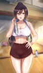  1girl bangs blurry blurry_background bottle breasts brown_hair cleavage exercise hair_between_eyes hand_on_hip highres idolmaster idolmaster_shiny_colors indoors large_breasts light_particles long_hair looking_at_viewer midriff mirror muratou open_mouth ponytail shirase_sakuya shorts sidelocks sports_bra sportswear sweat towel towel_around_neck water_bottle wide_hips yellow_eyes 